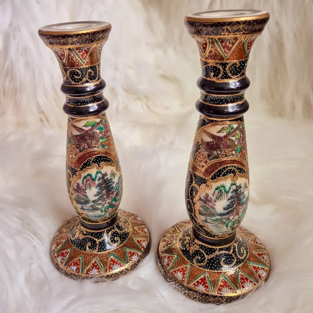 Vintage Handpainted Chinese Scholar Satsuma-style Porcelain Candlesticks